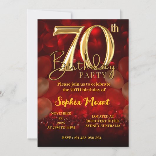 祖母の70歳の誕生日におすすめの赤と金の招待状 招待状 (正面)