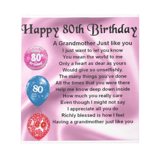 祖母への詩 - 80歳の誕生日 ノートパッド (正面)