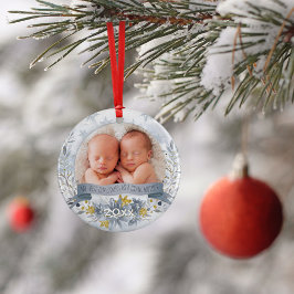 祖母初めてのクリスマスブルー金ゴールドフローラ写真 オーナメント