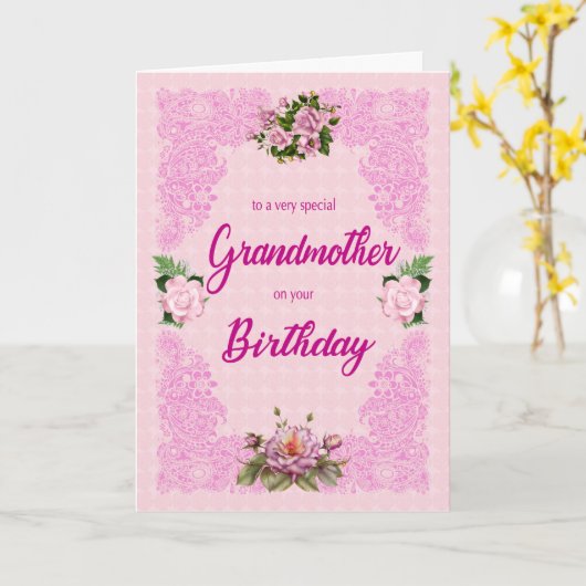 祖母誕生日とピンクローズ カード (黄色い花)