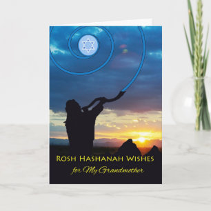 祖母、Shofarの角および空のためのRosh Hashanah シーズンカード