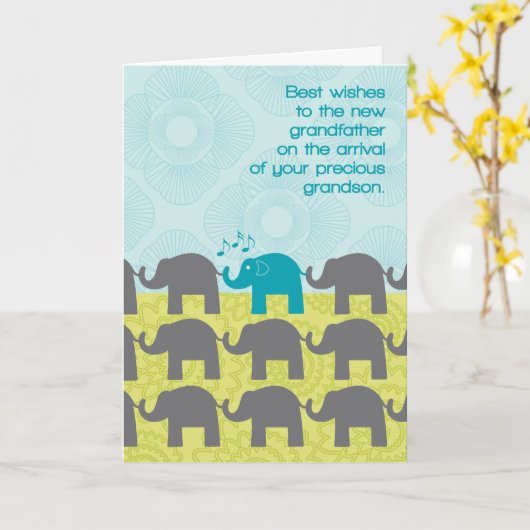 祖父のおめでとうが新しい孫とかわいい象 カード (黄色い花)