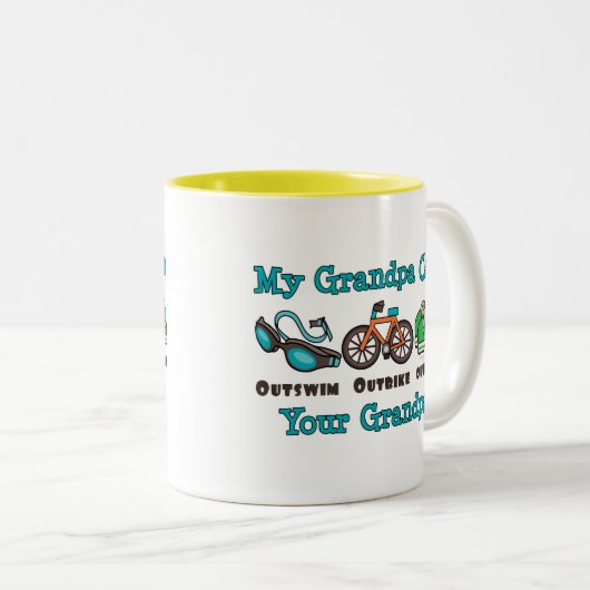 祖父はOutbikeによって追い越されるトライアスロンのマグをOutswim ツートーンマグカップ (正面右)