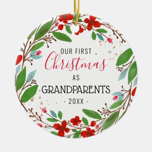 祖父母としての私たちの最初のクリスマス |リース写真 セラミックオーナメント (正面)