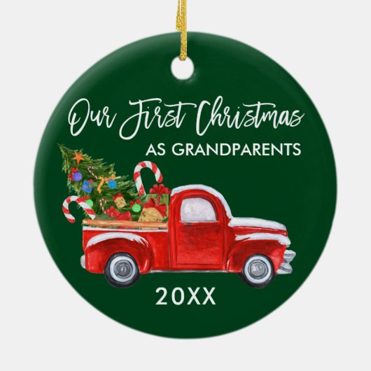 祖父母としてトラックキャンディ初めてのクリスマスグリーン セラミックオーナメント (裏面)