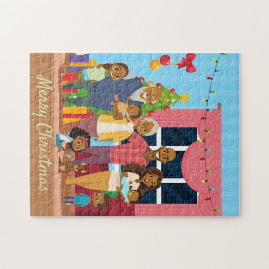 祖父母のいる黒い家族のクリスマスシーン ジグソーパズル (横)