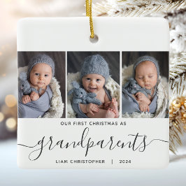 祖父母のための初めてのクリスマス3枚の写真グレー手書きフォント セラミックオーナメント