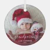 祖父母の初めてのクリスマスフォトホワイトスクリプト ガラスオーナメント (正面)