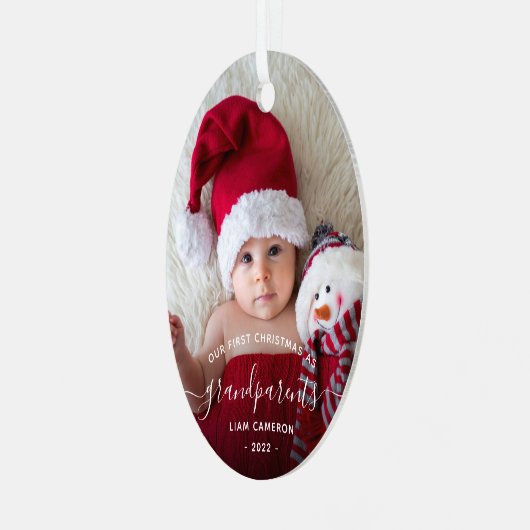 祖父母の初めてのクリスマスフォトホワイトスクリプト メタルオーナメント (正面左)