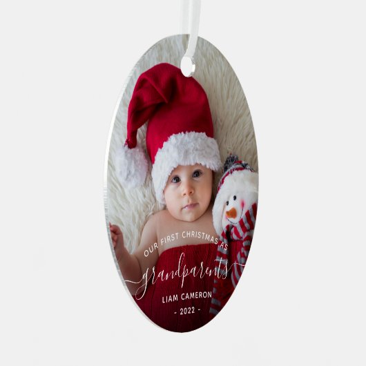祖父母の初めてのクリスマスフォトホワイトスクリプト メタルオーナメント (正面右)