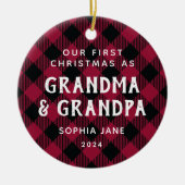 祖父母の初めてのクリスマス新生児写真Plaid セラミックオーナメント (正面)
