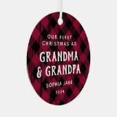 祖父母の初めてのクリスマス新生児写真Plaid メタルオーナメント (正面右)