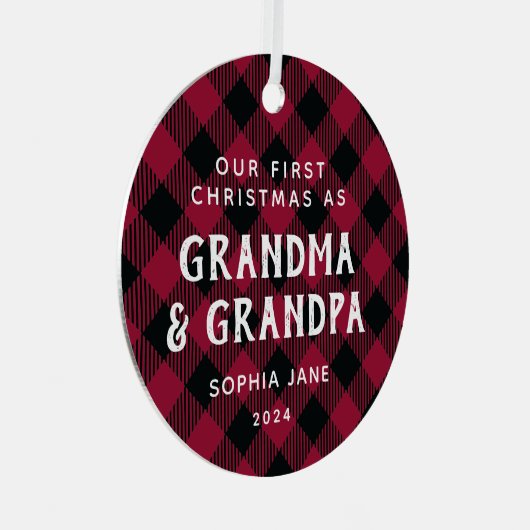 祖父母の初めてのクリスマス新生児写真Plaid メタルオーナメント (正面右)