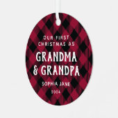 祖父母の初めてのクリスマス新生児写真Plaid メタルオーナメント (正面左)