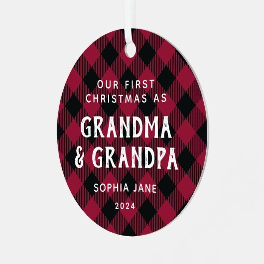 祖父母の初めてのクリスマス新生児写真Plaid メタルオーナメント (正面左)