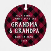 祖父母の初めてのクリスマス新生児写真Plaid メタルオーナメント (正面)