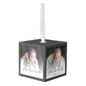 祖父母の初めてのクリスマス4 Photo Gray Script キューブオーナメント (裏面アングル)