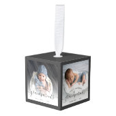 祖父母の初めてのクリスマス4 Photo Gray Script キューブオーナメント (正面アングル)