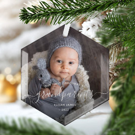 祖父母の最初のクリスマス 写真 白い手書き体 ガラスオーナメント