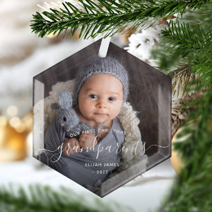 祖父母の最初のクリスマス 写真 白い手書き体 ガラスオーナメント