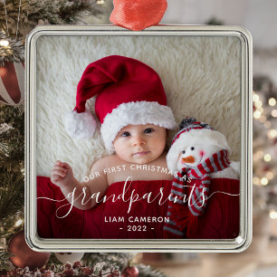 祖父母の最初のクリスマス 写真 白い手書き体 メタルオーナメント
