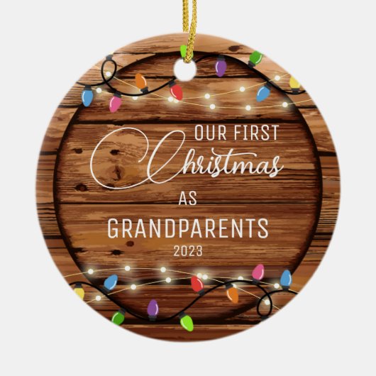 祖父母の第1回クリスマスライト素朴フォト セラミックオーナメント (正面)