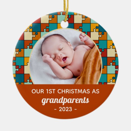 祖父母の第1回クリスマスヴィンテージパズル写真 セラミックオーナメント (正面)