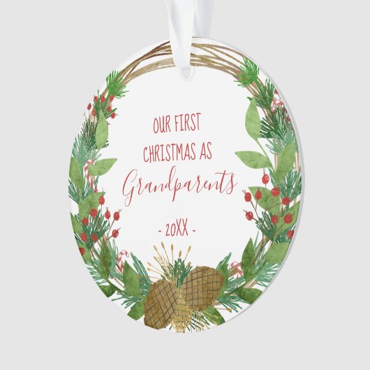 祖父母クリスマス素朴リースベビー写真 オーナメント (正面)