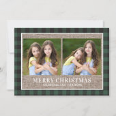 祖父母クリスマス2写真グリーンバッファロープレイド カード (正面)