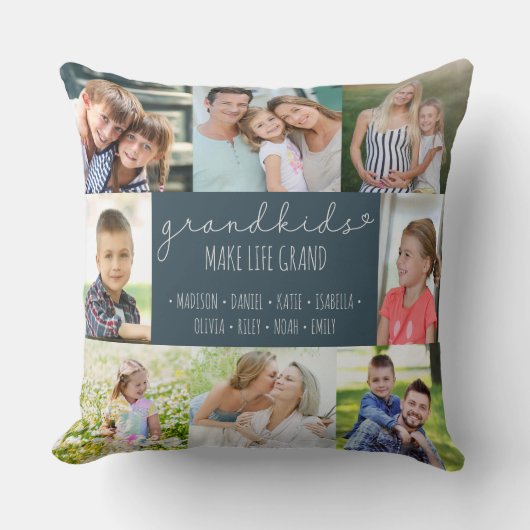 祖父母フォトコラージュ孫の名前(青) クッション (正面)