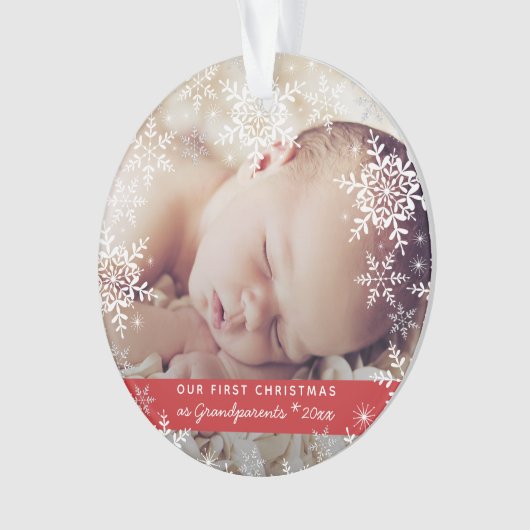 祖父母初めてのクリスマススノーフレークベビー写真 オーナメント (正面)
