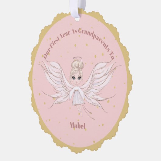 祖父母初めてのクリスマスフォトエンジェル金ゴールドピンク オーナメントカード (左)