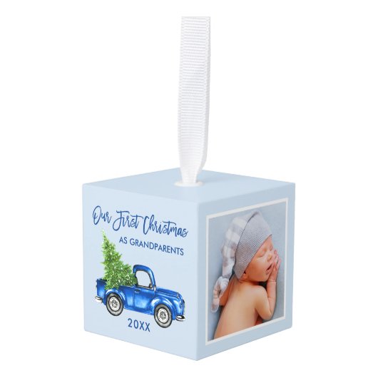 祖父母初めてのクリスマスブルートラック写真 キューブオーナメント (正面アングル)