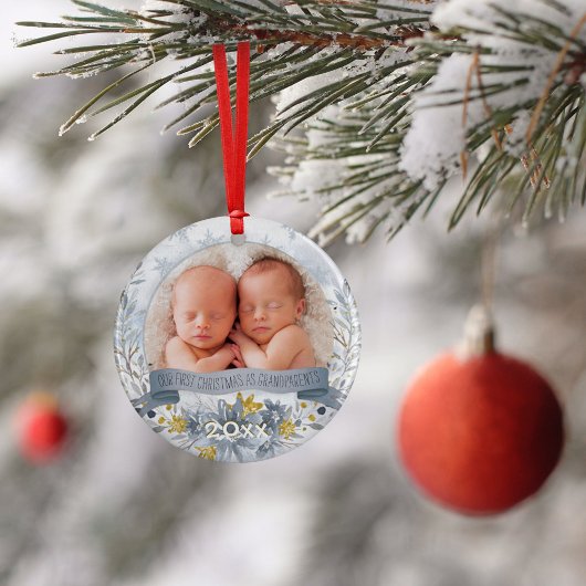 祖父母初めてのクリスマスブルー金ゴールドフローラ写真 オーナメント