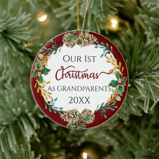 祖父母初めてのクリスマスホリーパインコーン写真 セラミックオーナメント (ツリー)