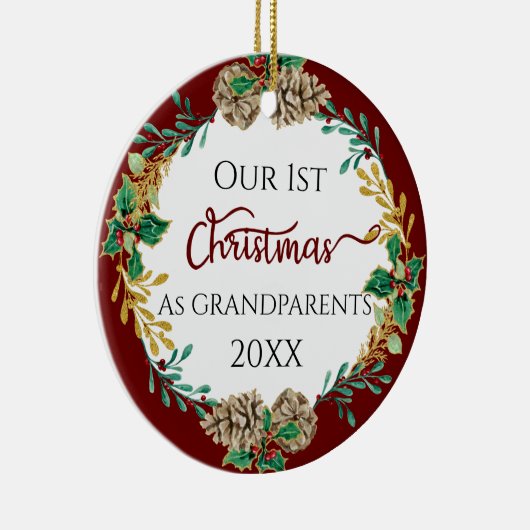 祖父母初めてのクリスマスホリーパインコーン写真 セラミックオーナメント (右)
