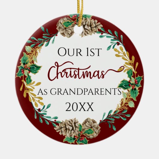 祖父母初めてのクリスマスホリーパインコーン写真 セラミックオーナメント (正面)