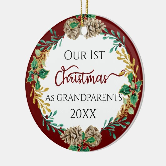 祖父母初めてのクリスマスホリーパインコーン写真 セラミックオーナメント (左)