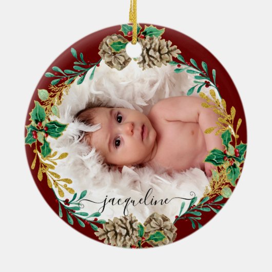 祖父母初めてのクリスマスホリーパインコーン写真 セラミックオーナメント (裏面)