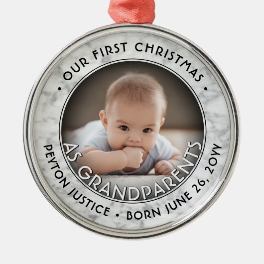 祖父母初めてのクリスマスワンフォトマフェイクーブル メタルオーナメント (正面)