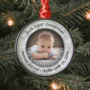 祖父母初めてのクリスマスワンフォトマフェイクーブル メタルオーナメント
