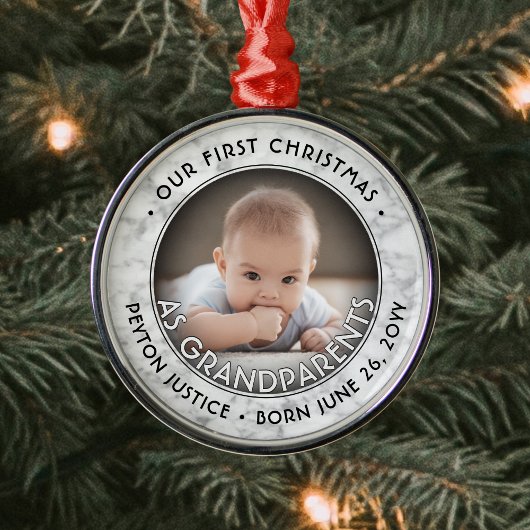 祖父母初めてのクリスマスワンフォトマフェイクーブル メタルオーナメント