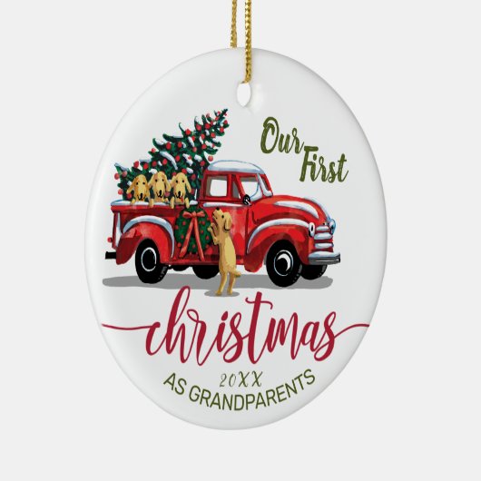 祖父母初めてのクリスマスヴィンテージレッドトラック セラミックオーナメント (右)