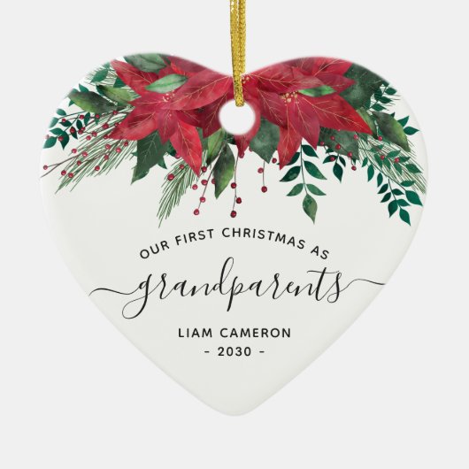 祖父母初めてのクリスマス写真Poinsettia セラミックオーナメント (正面)