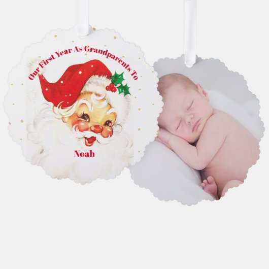祖父母初めてのクリスマス写真Santa オーナメントカード (正面/裏面)