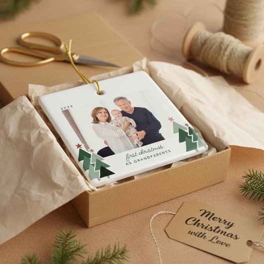 祖父母初めてのクリスマス素朴ツリー写真 セラミックオーナメント