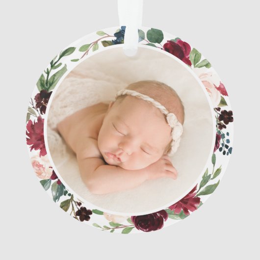 祖父母初めてのクリスマスBurgundyフローラ写真 オーナメント (裏面)
