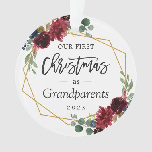 祖父母初めてのクリスマスBurgundyフローラ写真 オーナメント (正面)