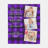 祖父母引用文カスタム3フォトパープルプレイド フリースブランケット (正面)