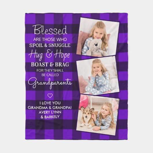 祖父母引用文カスタム3フォトパープルプレイド フリースブランケット (正面)